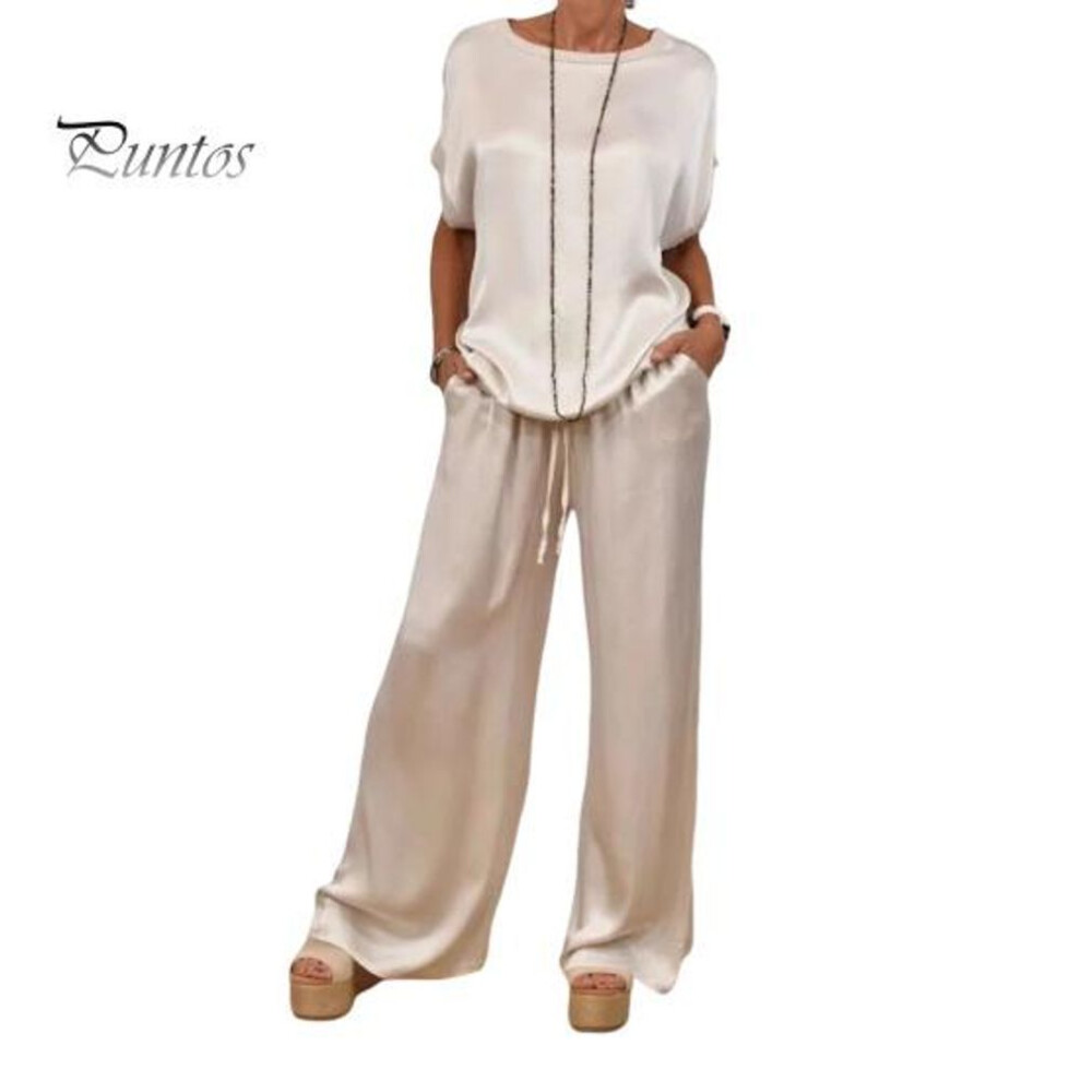 (white, 2XL) 2 Pcs/set Women Top Pants Set Satin Round Neck Half Sleeves Blouse Wide Leg Elastic Waist Trousers With Pockets Daily Leisure Loose Outfit
