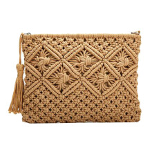 Bolsa feminina de palha de algodão trançada, bolsa clutch com borlas, cáqui