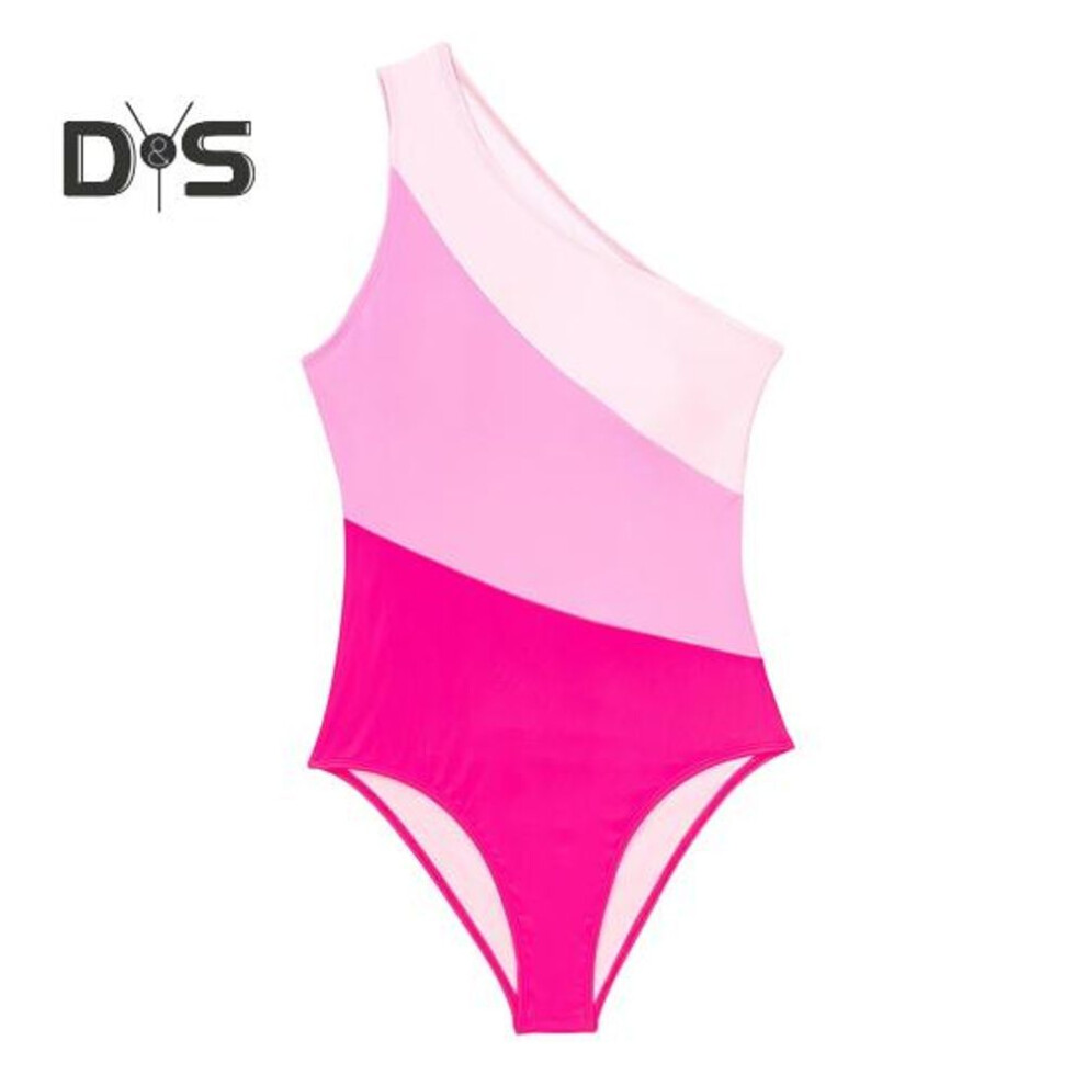 (M, rose red) Women Monokini Color-blocked One-shoulder Design Hollowed-out Back One-piece Bikini Quick Drying Beachwear Swimwear