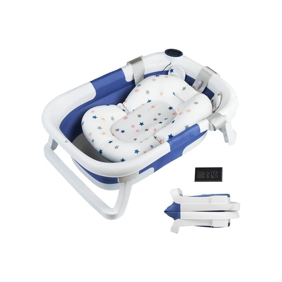 Aihontai Foldable Baby Bathtub - With Thermometer & Bath Mat - Non-Slip Feet - Blue