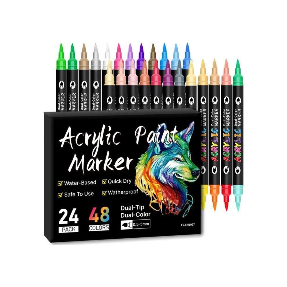 48 Colors Acrylic Paint Marker Pens, 24Pcs Acrylic Paint Marker Pen for Rock Fabric Stone Wood Glass Paper