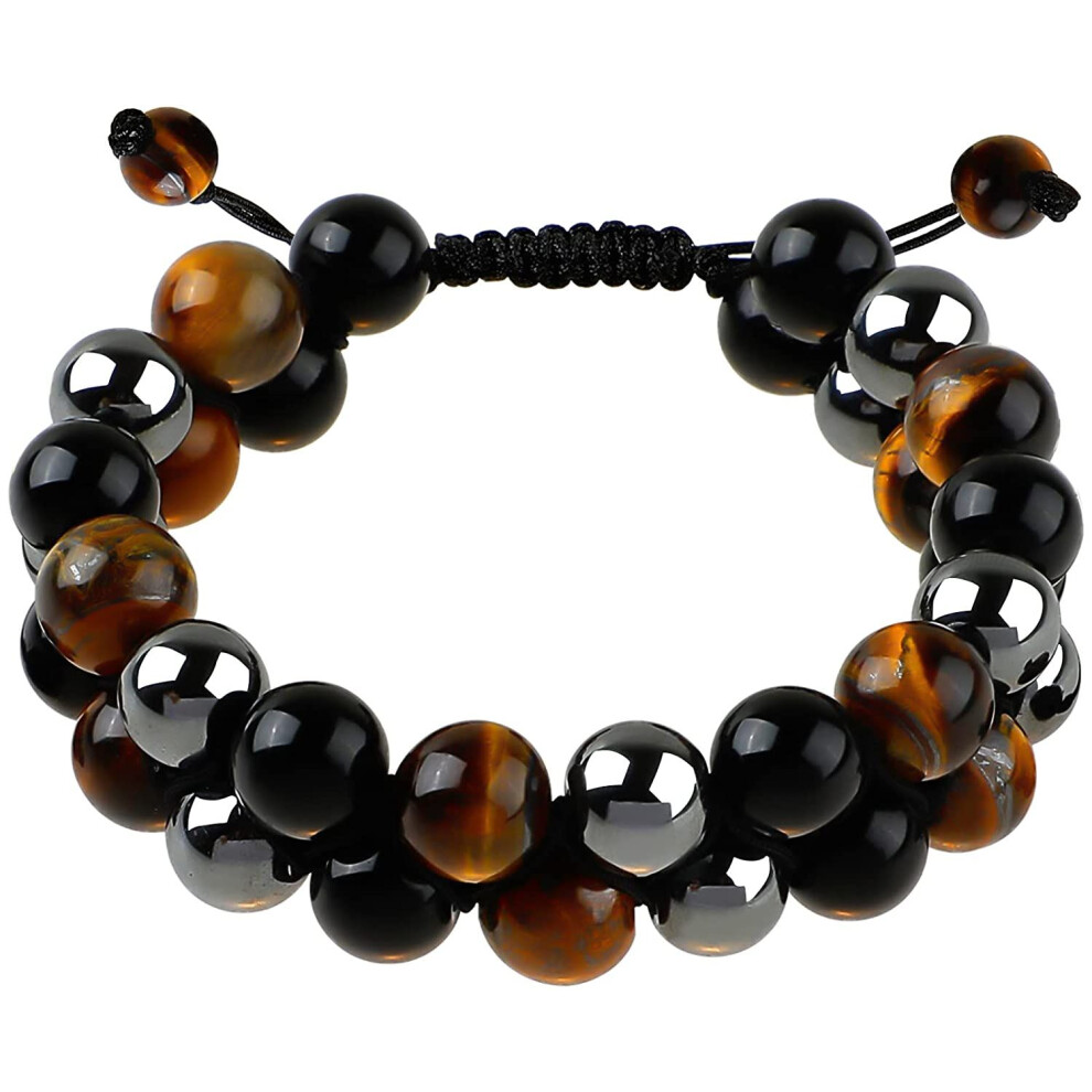 Bracelet Triple Protection - Obsidienne Pierre Précieuse Spirituelle Guérison Oeil de Tigre Jaune Perles Naturelles Bijoux Hématite 10mm