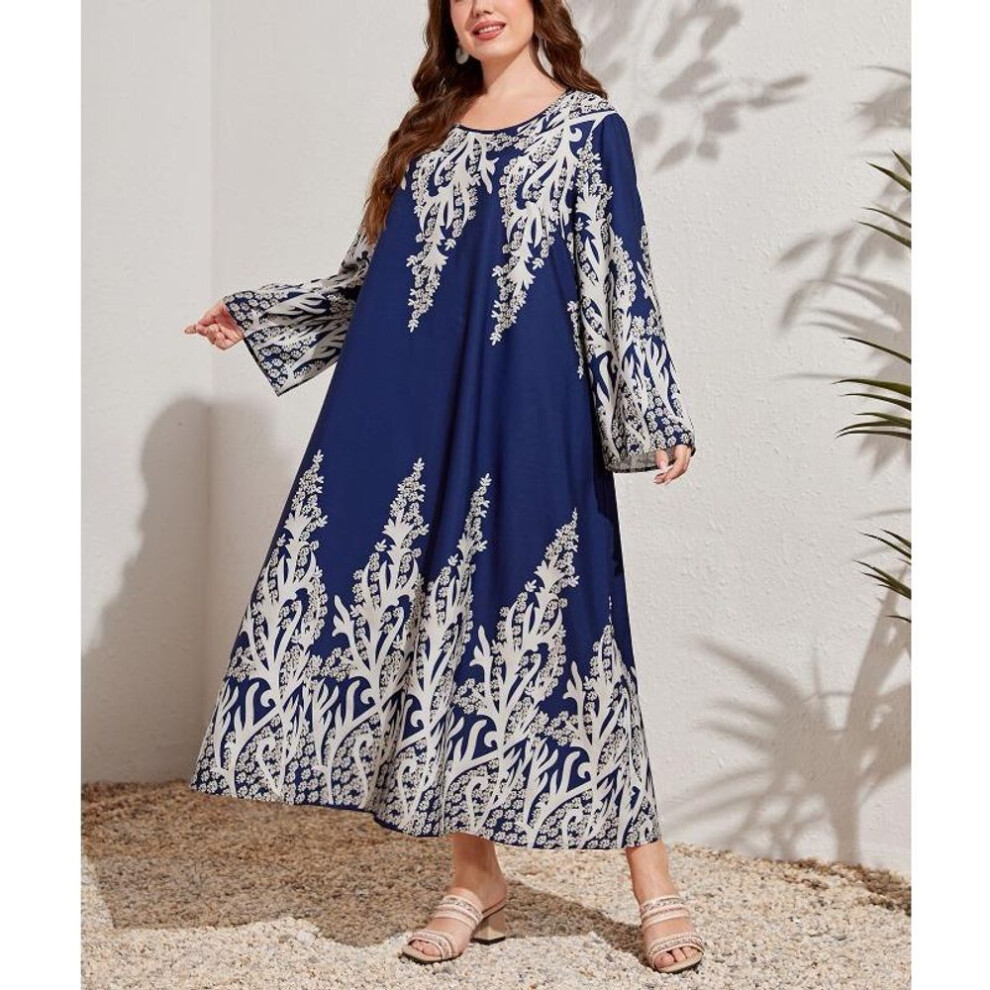 (navy blue, 3XL) Plus Size Autumn Women's Fashion New Temperament Color Combination Long Sleeved Dress