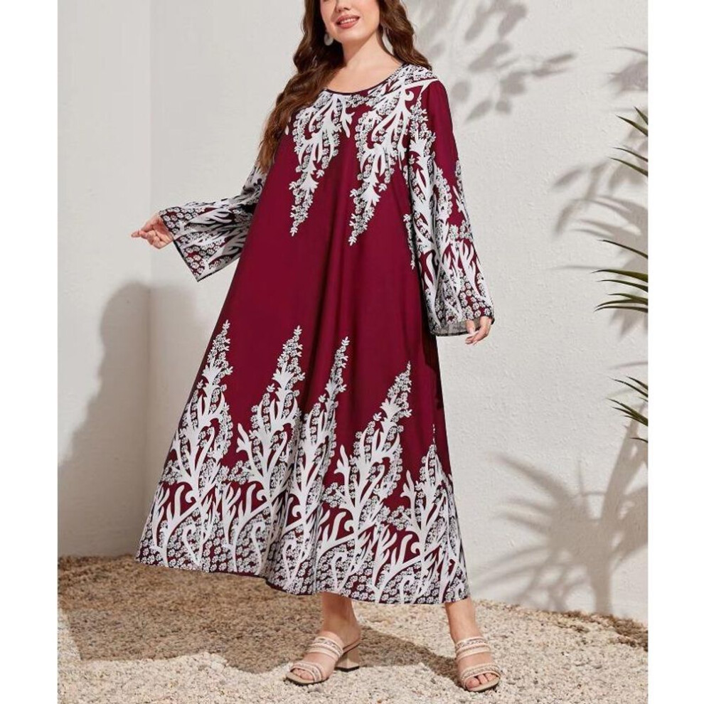 (burgundy, 3XL) Plus Size Autumn Women's Fashion New Temperament Color Combination Long Sleeved Dress