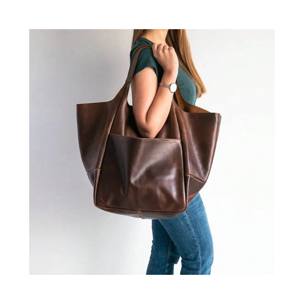 (Coffee) Rretro Handmade Big Beach Tote Bag High Capacity Zipper Shoulder Solid Color Multifunction Handbags For Ladies
