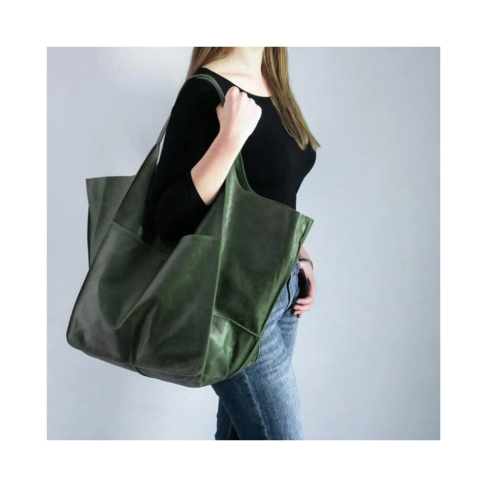 (Green) Rretro Handmade Big Beach Tote Bag High Capacity Zipper Shoulder Solid Color Multifunction Handbags For Ladies