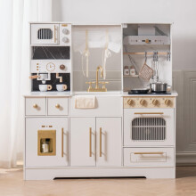 Robotime ROBUD Modern White & Gold Wooden Play Kitchen with Oven, Coffee Machine, Ice Maker & Accessories for Kids 3+