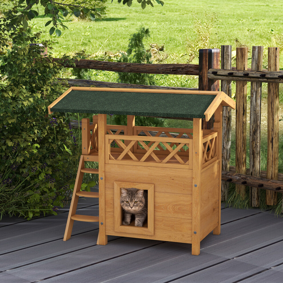 Pawhut Outdoor Cat House W/ Balcony Stairs Roof, Natural Wood Finish
