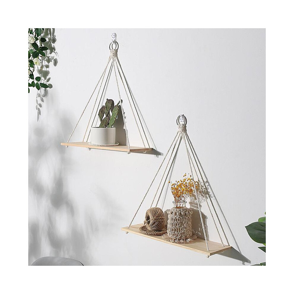 (Wood, 2 Counts) Hanging Shelves for Bedroom Wall Decor, Creative Wooden Wall Art Hanging Shelf, for Potted Plants, Girls Room Cozy Accessories, Handwoven