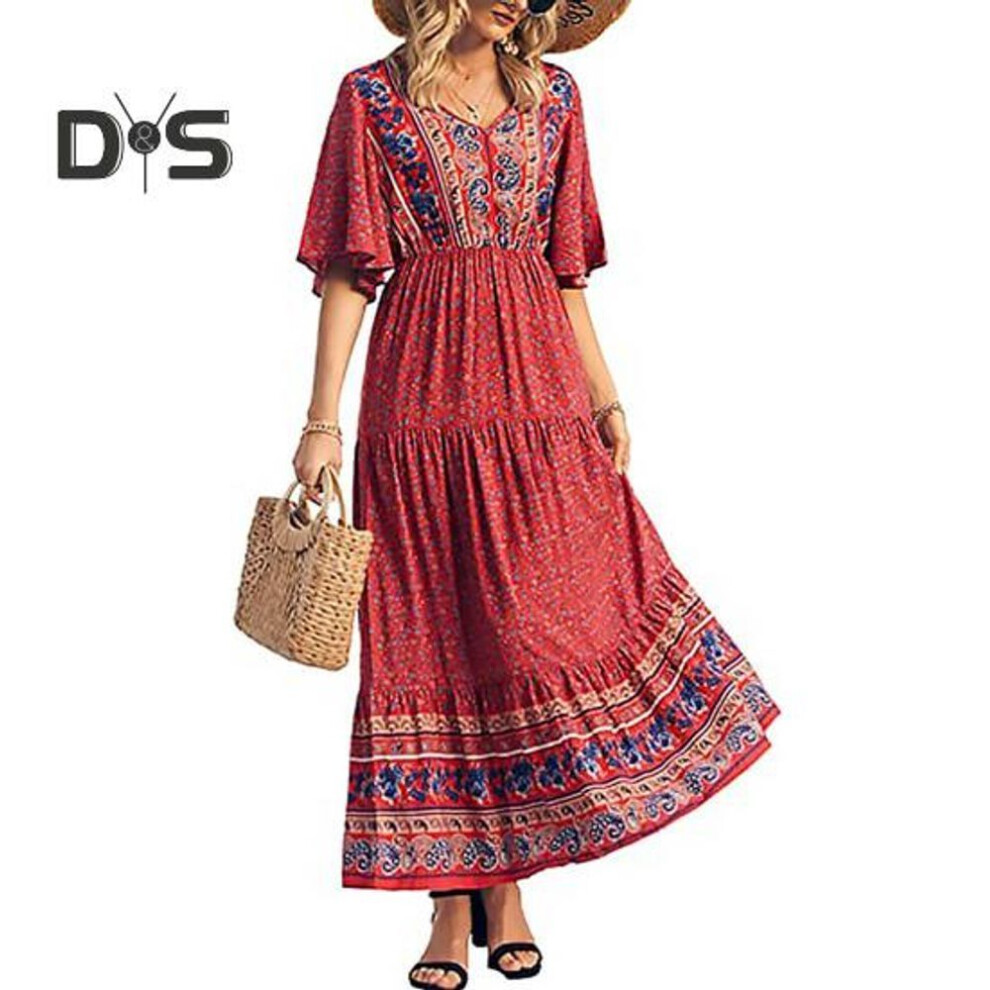 (red, L) Women Dress Ethnic Bohemian Style Printing V Neck Short Sleeves Elastic Waist Pleated Patchwork A-line Maxi Dress Summer Vacation Beach Dress