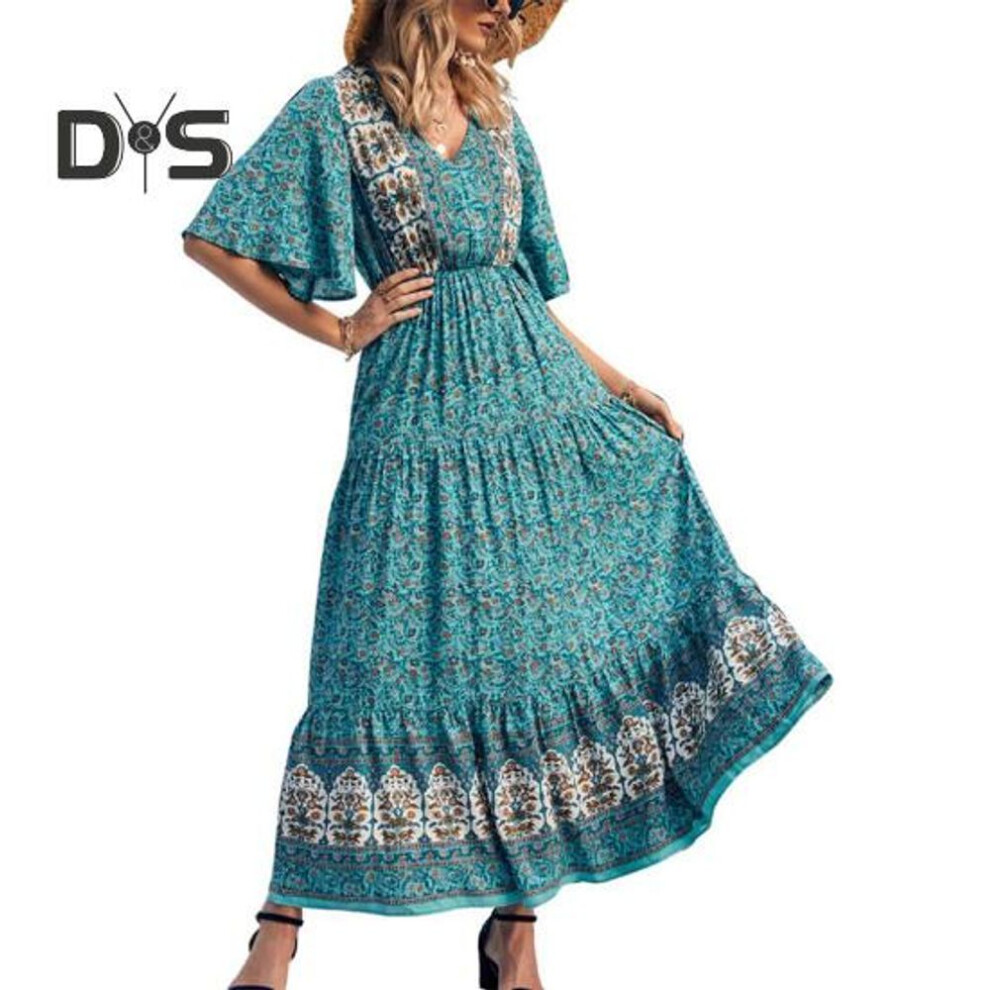 (cyan, S) Women Dress Ethnic Bohemian Style Printing V Neck Short Sleeves Elastic Waist Pleated Patchwork A-line Maxi Dress Summer Vacation Beach Dress