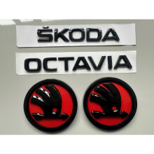 Schwarz glänzend Skoda Octavia 2 x 90 mm rote Abzeichen Logo Motorhaube vorne hinten