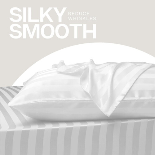 (Pillowcases Pair, White) Moonlight 4PC Satin Stripe Duvet Cover Set with Sheet & Pillowcases 2