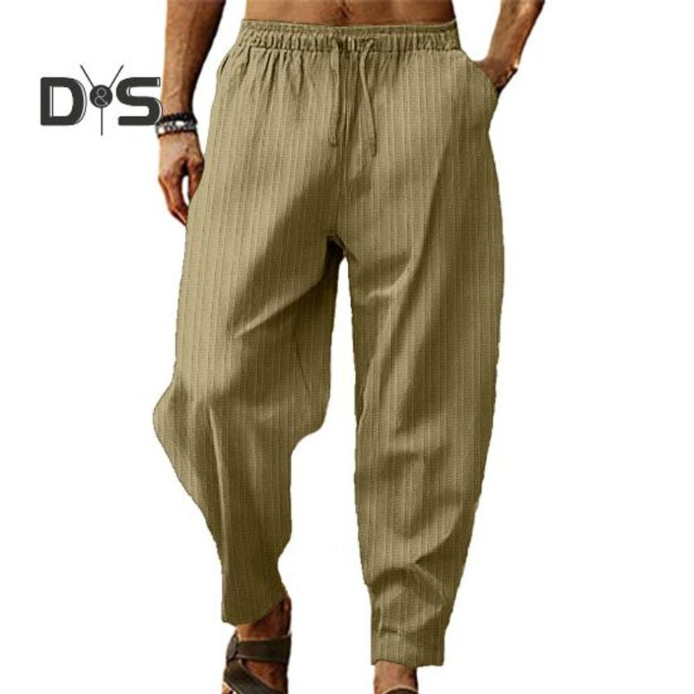 (khaki, M) Men Pants Drawstring Elastic Waist Wide Leg Striped Deep Crotch Solid Color Loose Soft Breathable Sports Sweatpants