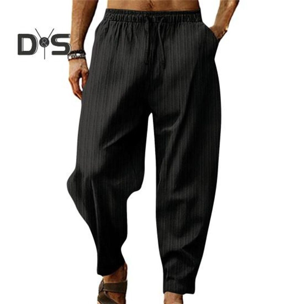 (black, 2XL) Men Pants Drawstring Elastic Waist Wide Leg Striped Deep Crotch Solid Color Loose Soft Breathable Sports Sweatpants