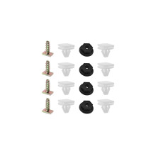 2 sets bevestigingsmiddelen voor de voorste wielkastbekleding, componenten, kunststof clips, moeren, metalen schroeven,