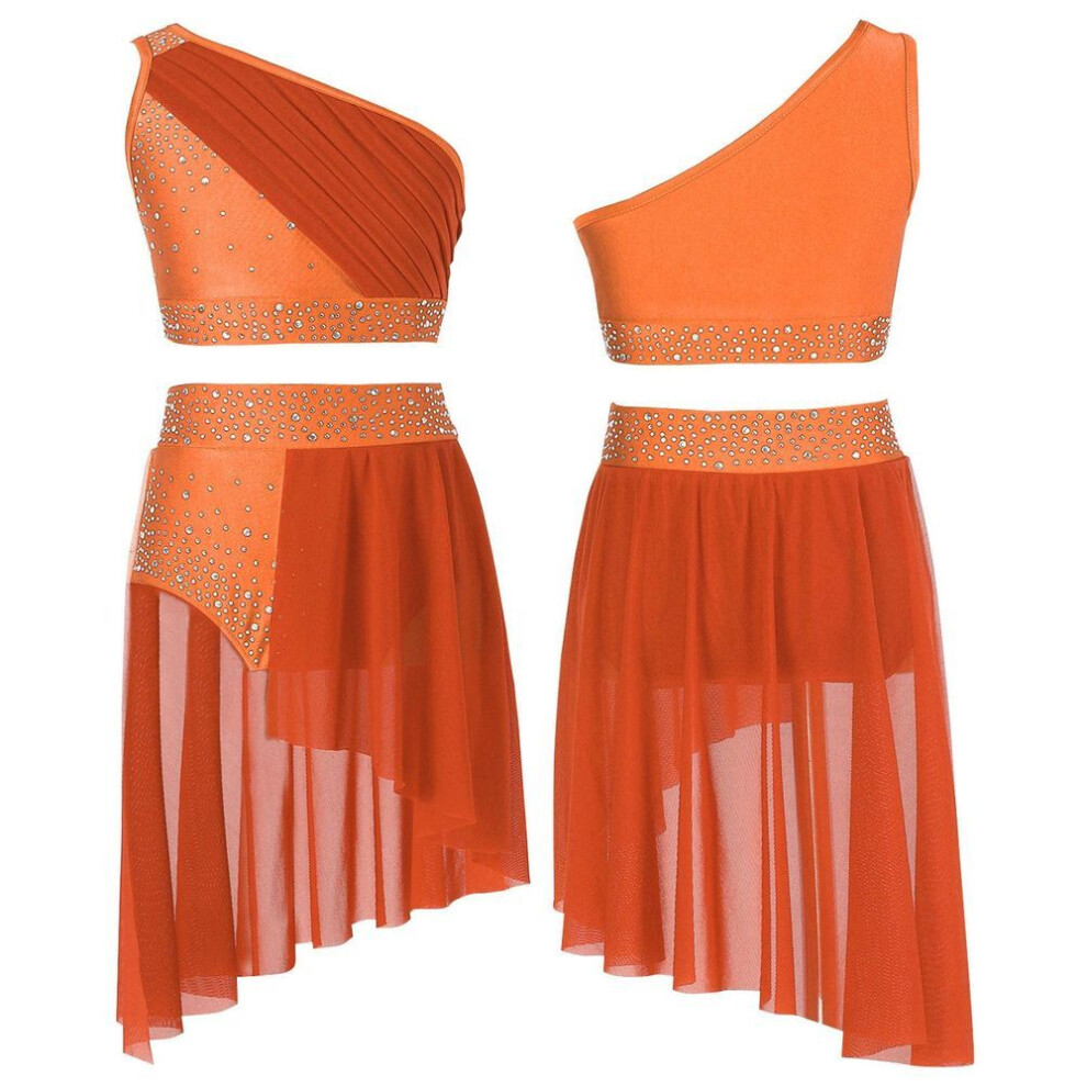 (orange, 11-12 Years) Kids Girls 2pcs Shiny Sheer Mesh Crop Top With Skirt Lyrical Dance Dress Ballroom Costume