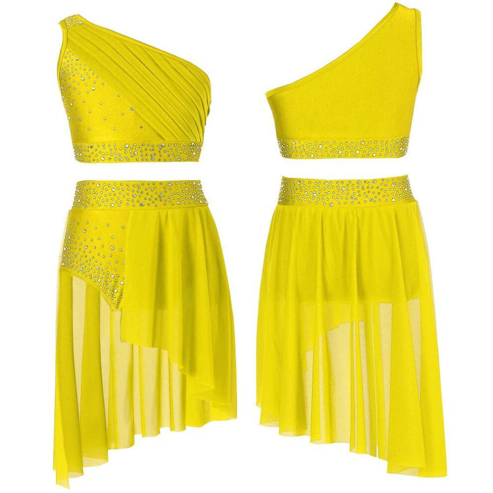 (yellow, 7-8 Years) Kids Girls 2pcs Shiny Sheer Mesh Crop Top With Skirt Lyrical Dance Dress Ballroom Costume
