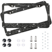 Schwarze glitzernde Nummernschildrahmen für Frauen, 2er-Pack, glitzernde Abdeckung, klarer Kristall, Edelstahl,