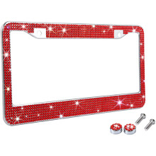 Molduras para placas de carro com strass vermelho brilhante para mulheres, capa de placa de metal à