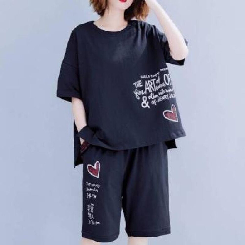 (black, 4XL) Women's Plus Size Summer Two-piece Set: Short-sleeve T-shirt & Casual Shorts