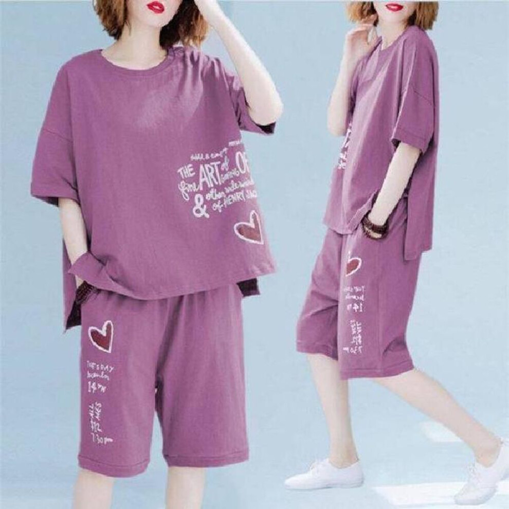 (rose red, M) Women's Plus Size Summer Two-piece Set: Short-sleeve T-shirt & Casual Shorts