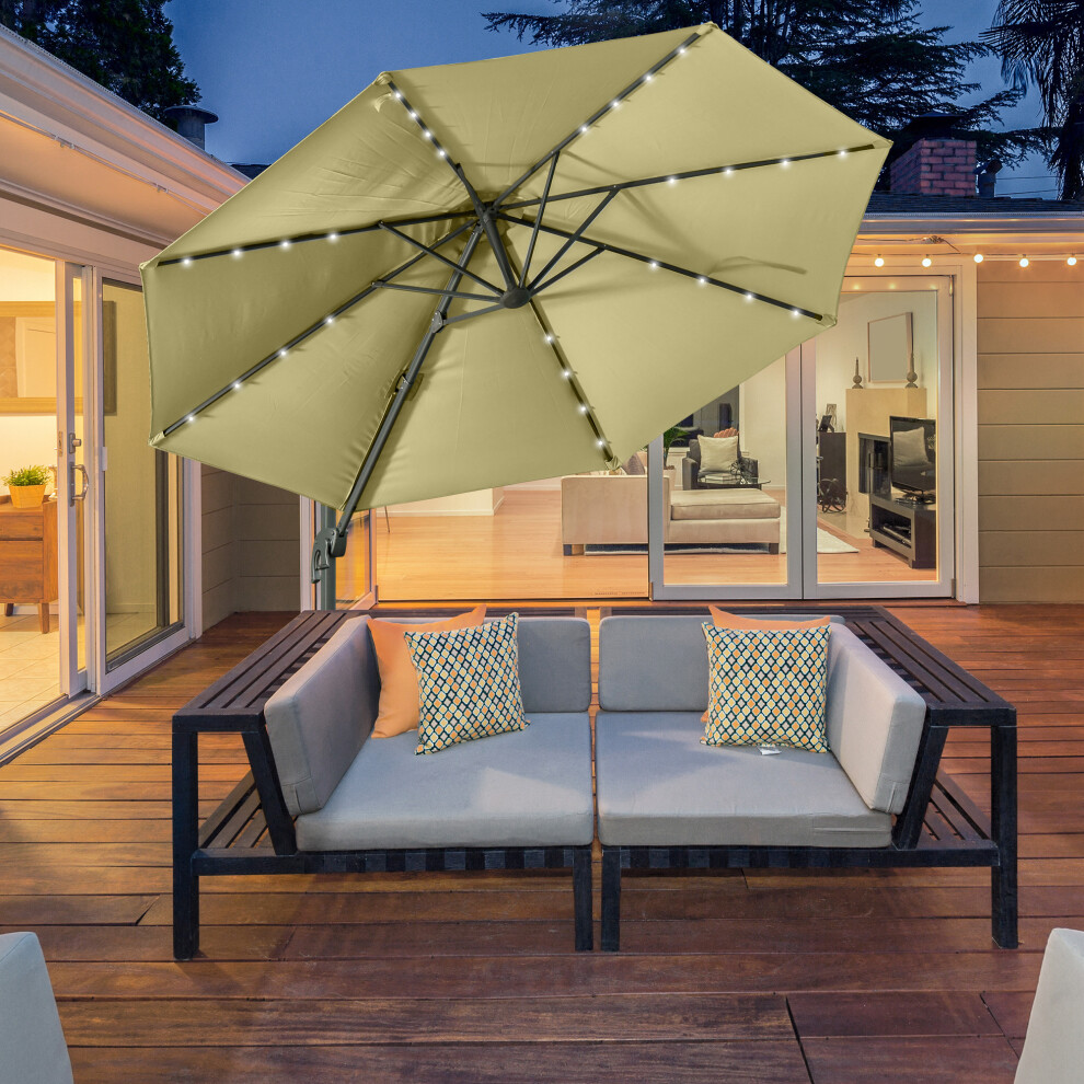 Outsunny 3(m) Cantilever Parasol Patio Sun Umbrella w/ Base Solar Lights Beige