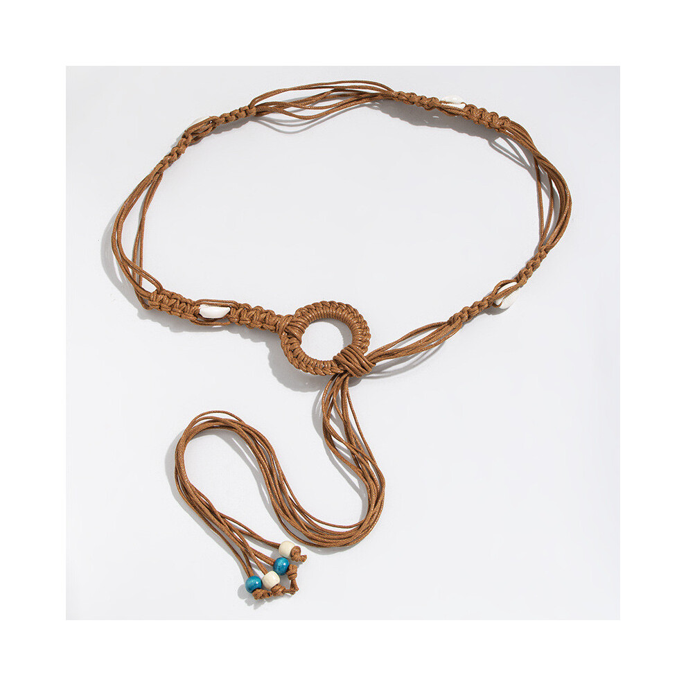 (Brown) Style Bohemian Woven Waist Belt Simulation Shell Decoration Ethnic Belt Style-image-OPC-PHF5FPH-NEW