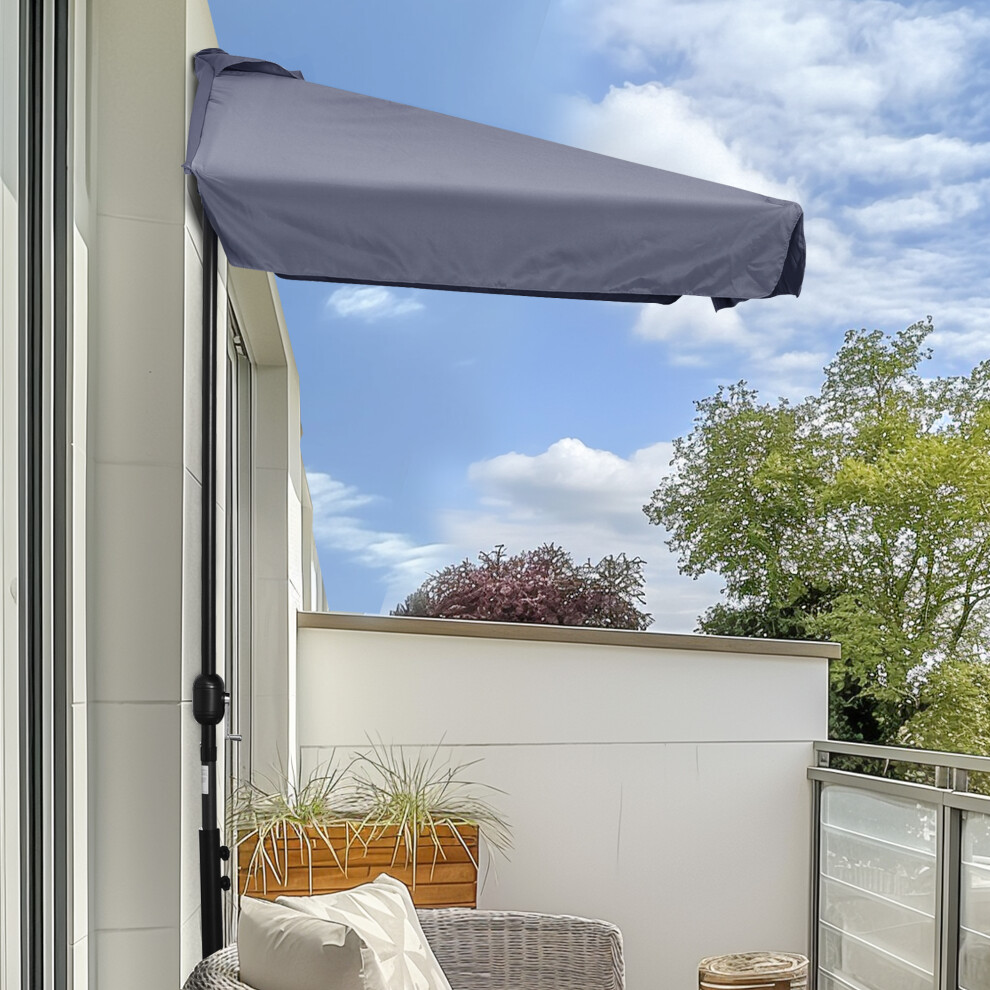 Outsunny 2.3m Half Round Parasol Garden Sun Umbrella Metal w/ Crank Grey