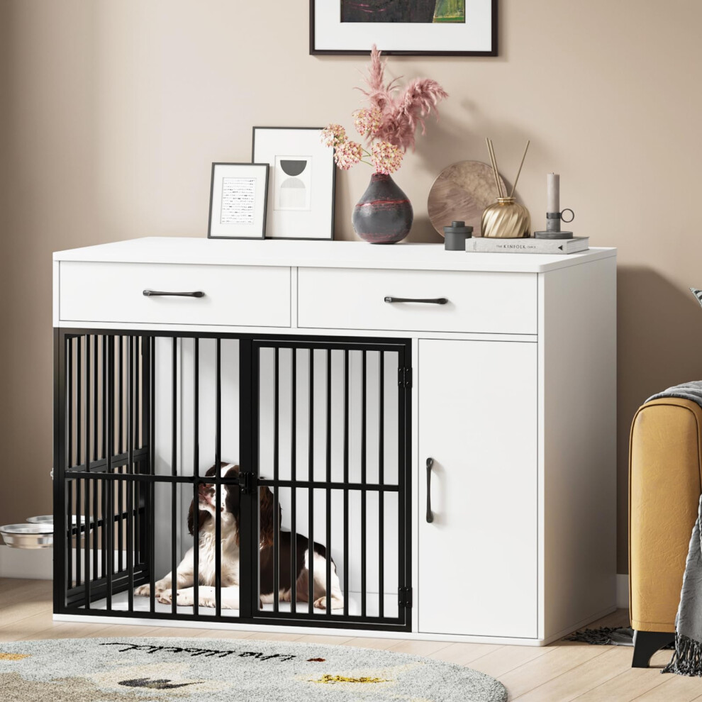 Dog Crate Furniture,Large Wooden Dog Crate with Drawers, Side Cabinet & 360°Rotating Bowls - White