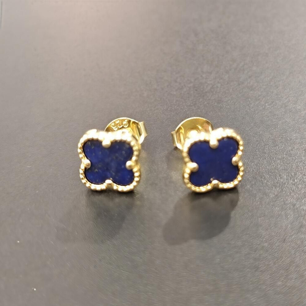 (cyan) 925 Sterling Silver Colorful Four Leaf Flower Stud Earrings 14k Gold 7mm Tiger Eyes Earring