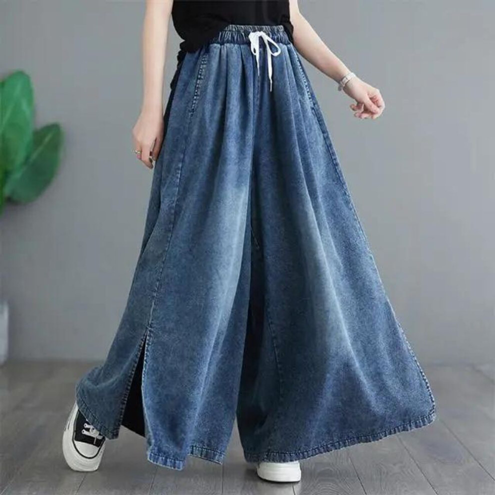 (blue, M) Oversized Jeans Spring Summer Long Wide Leg Pant Women Loose Pleated Fashion Split Ladies Trousers Elastic High Waist Woman Pant