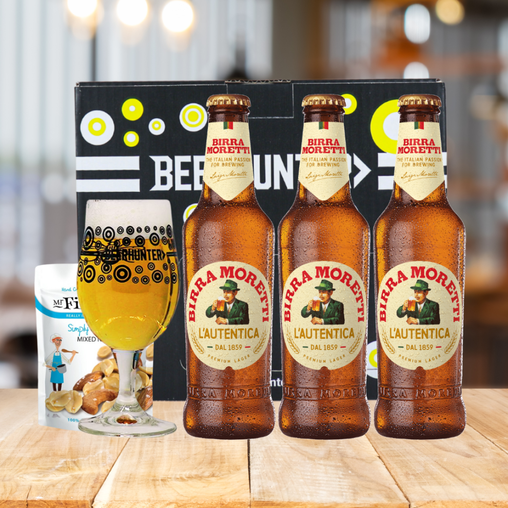 Beerhunter Birra Moretti Premium Italian Lager Bottle Gift Set With Glass (3 Pack) - 330Ml