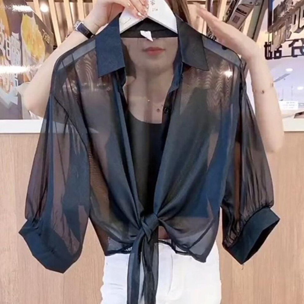 (Medium, black) Women's Summer Chiffon Cardigan With Shawl - Lightweight Short Sleeve Top For Sun Protection