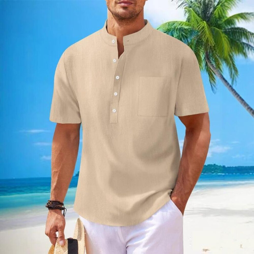 (M, khaki) Cozy Up Men's Henley Shirt Summer Causal Shot Sleeve Hippie Beach T Shirt Band Collar Lightweight Yoga Tee Tops