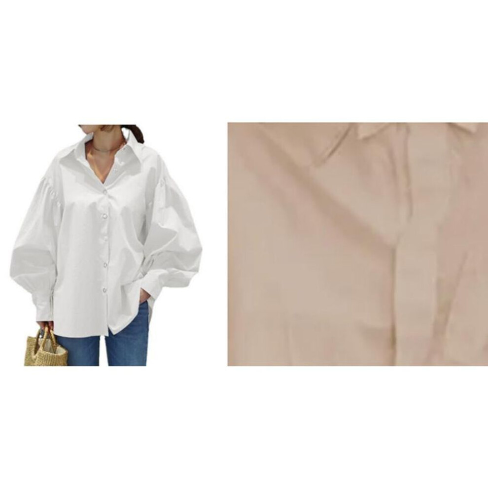 (2XL, apricot) Fashion Spring Casual Plus Size Shirts Women Tops Vintage Lantern Sleeve Solid Loose Women's Office Blouses Simple Button Up Oversized Shirt 26025