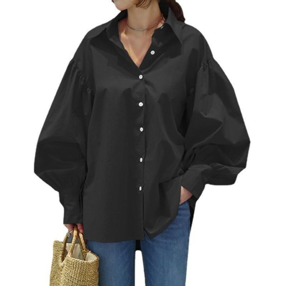 (4XL, black) Fashion Spring Casual Plus Size Shirts Women Tops Vintage Lantern Sleeve Solid Loose Women's Office Blouses Simple Button Up Oversized Shirt 26025