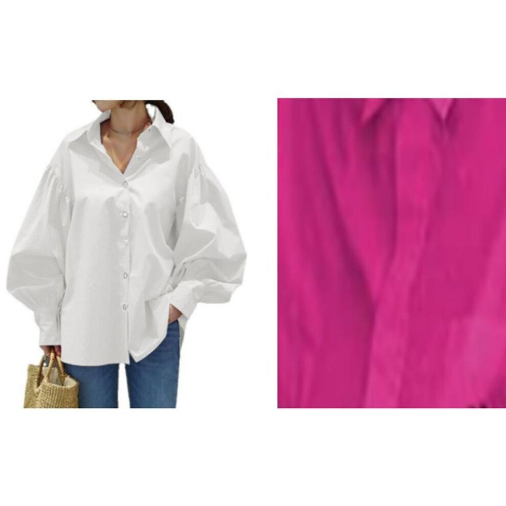 (2XL, rose red) Fashion Spring Casual Plus Size Shirts Women Tops Vintage Lantern Sleeve Solid Loose Women's Office Blouses Simple Button Up Oversized Shirt 26025
