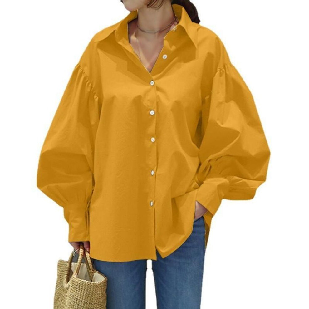 (4XL, yellow) Fashion Spring Casual Plus Size Shirts Women Tops Vintage Lantern Sleeve Solid Loose Women's Office Blouses Simple Button Up Oversized Shirt 26025