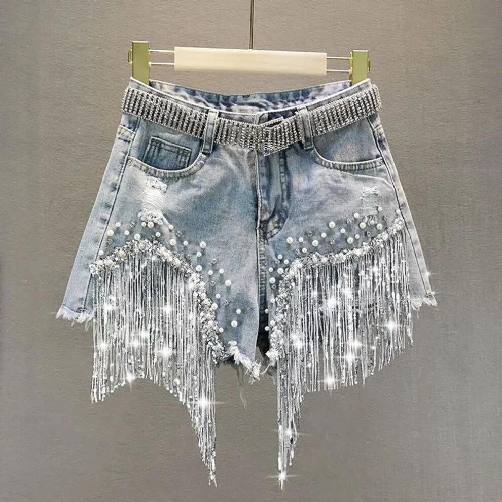 (as the picture, XL) Women's Summer High-waisted Denim Shorts Sequin Fringe Ripped Jeans