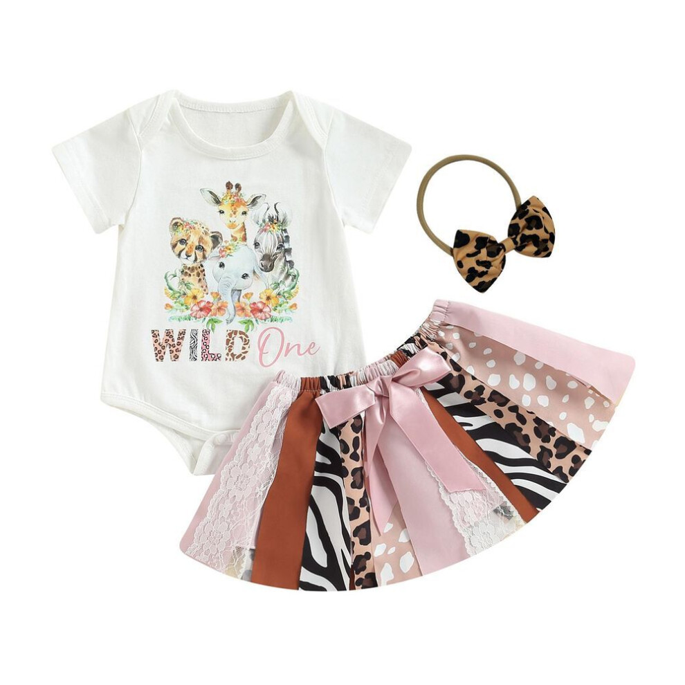 (pink, 12-18 Months) Baby Girl Summer Clothes Suits Short Sleeve Crew Neck Romper Zebra Pattern Leopard Lace Patchwork Skirts Headband 3pcs Set