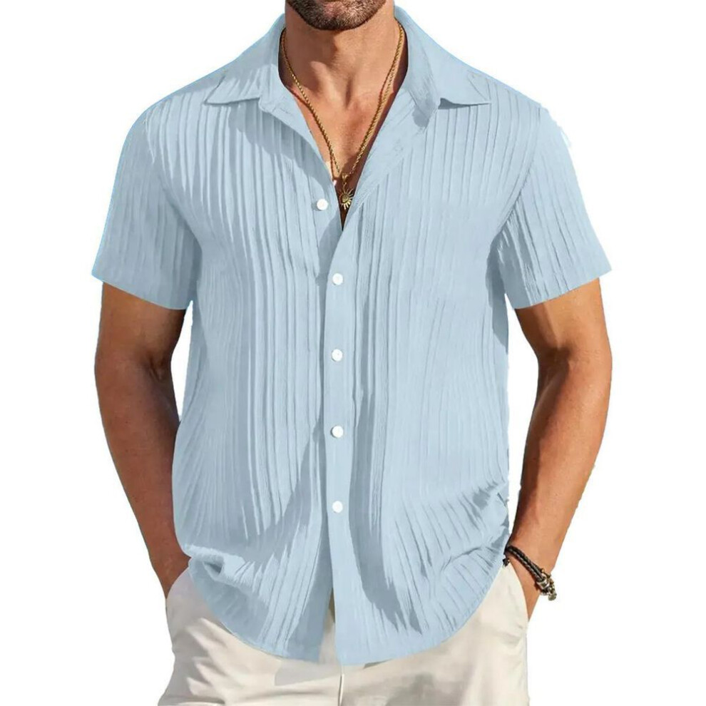 (light blue, XXXL) Summer Pop Fashion Striped Lapel Casual Comfortable Breathable Short-sleeved Men's Shirt