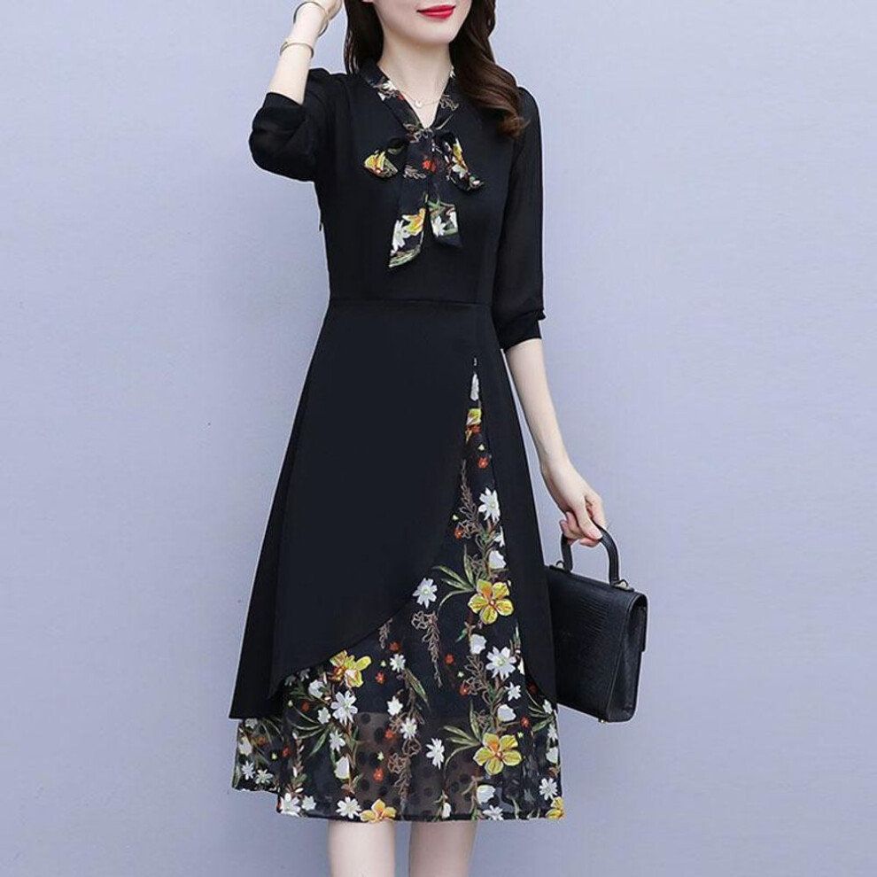 (as the picture, L) Middle-aged Temperament Mother Fake Two-piece A-line Skirt Autumn Dress Socialite Sense Large Size Women's Chiffon Floral Dress