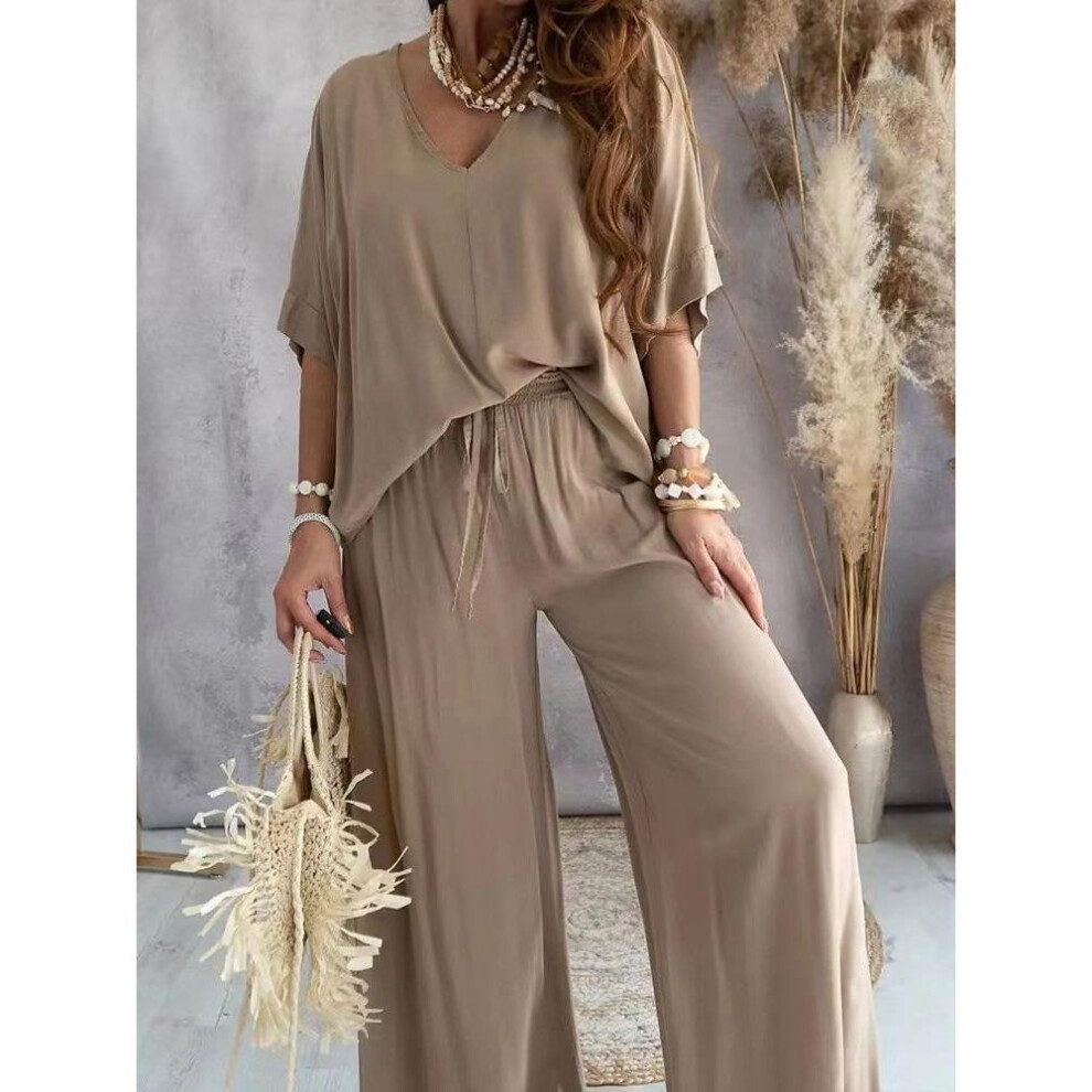 (khaki, S) Casual Solid Color Pants Suit, Half Sleeve V-neck Top And Wide Leg Pants Clothing, Women's Wear