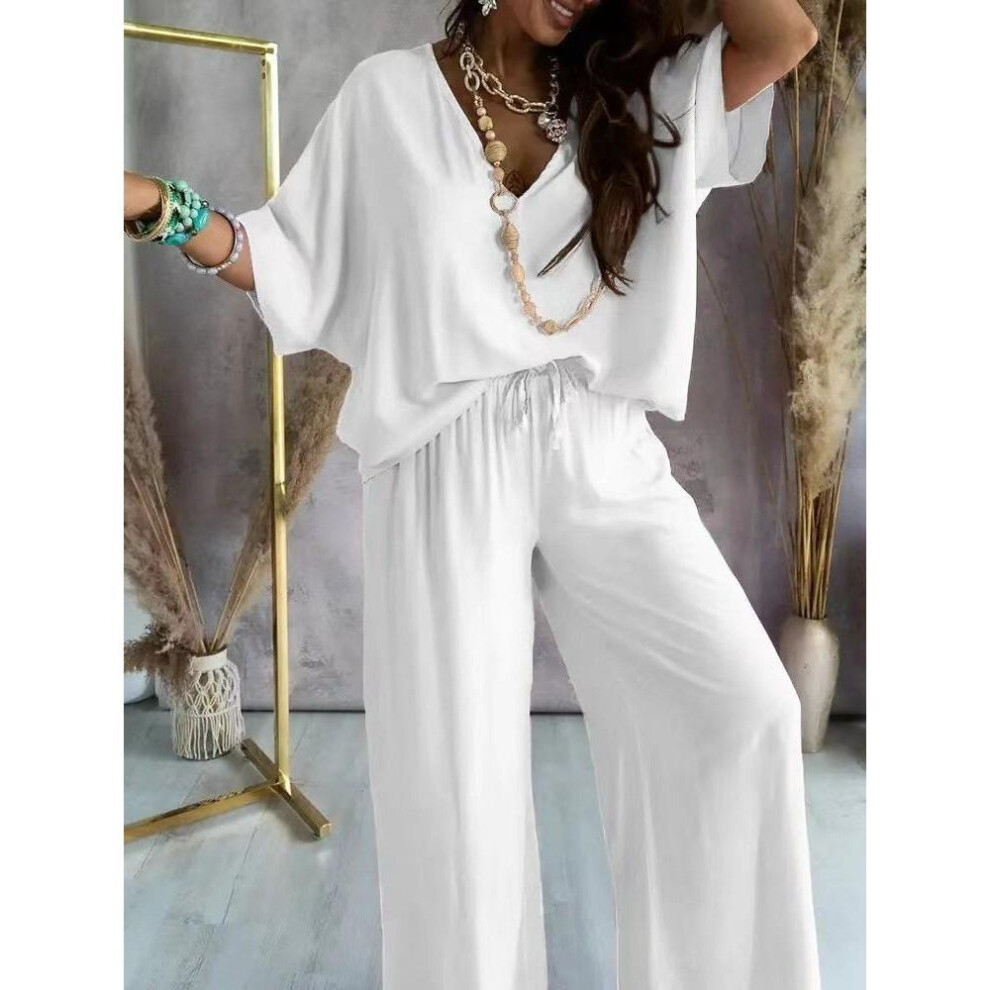 (white, M) Casual Solid Color Pants Suit, Half Sleeve V-neck Top And Wide Leg Pants Clothing, Women's Wear