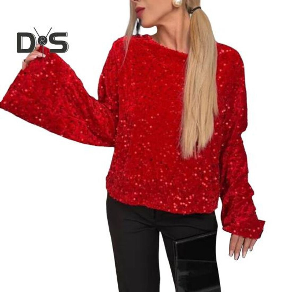 (M, red) Women Tops Crew Neck Long Sleeve Back Tie Sexy Tops Loose Fit Solid Color Casual Blouse Party Daily Wear