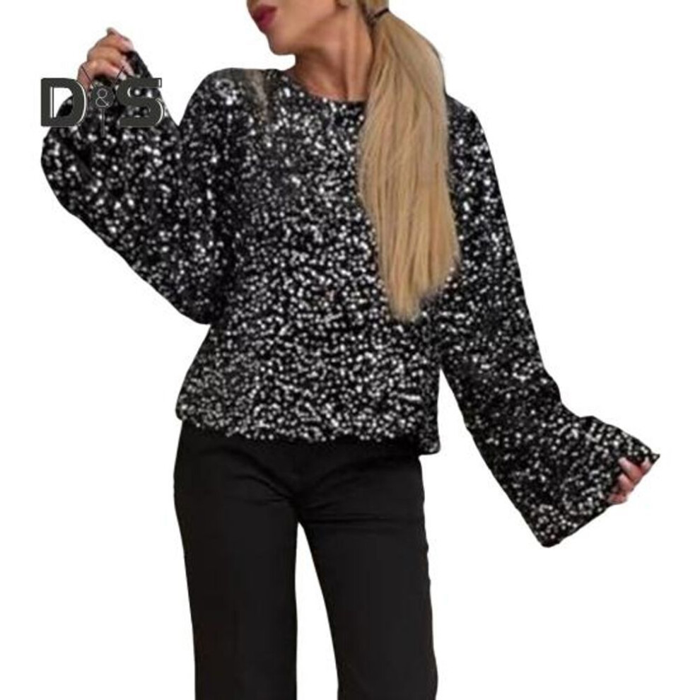 (XL, silver) Women Tops Crew Neck Long Sleeve Back Tie Sexy Tops Loose Fit Solid Color Casual Blouse Party Daily Wear