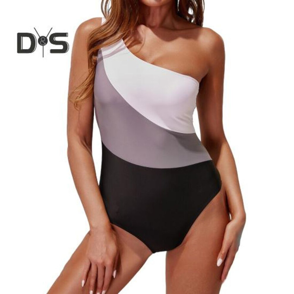 (XS, grey) Sexy One-piece Swimsuit One Shoulder Hollow Back Color-blocking Removable Pad Monokini Vacation Beach Swimwear