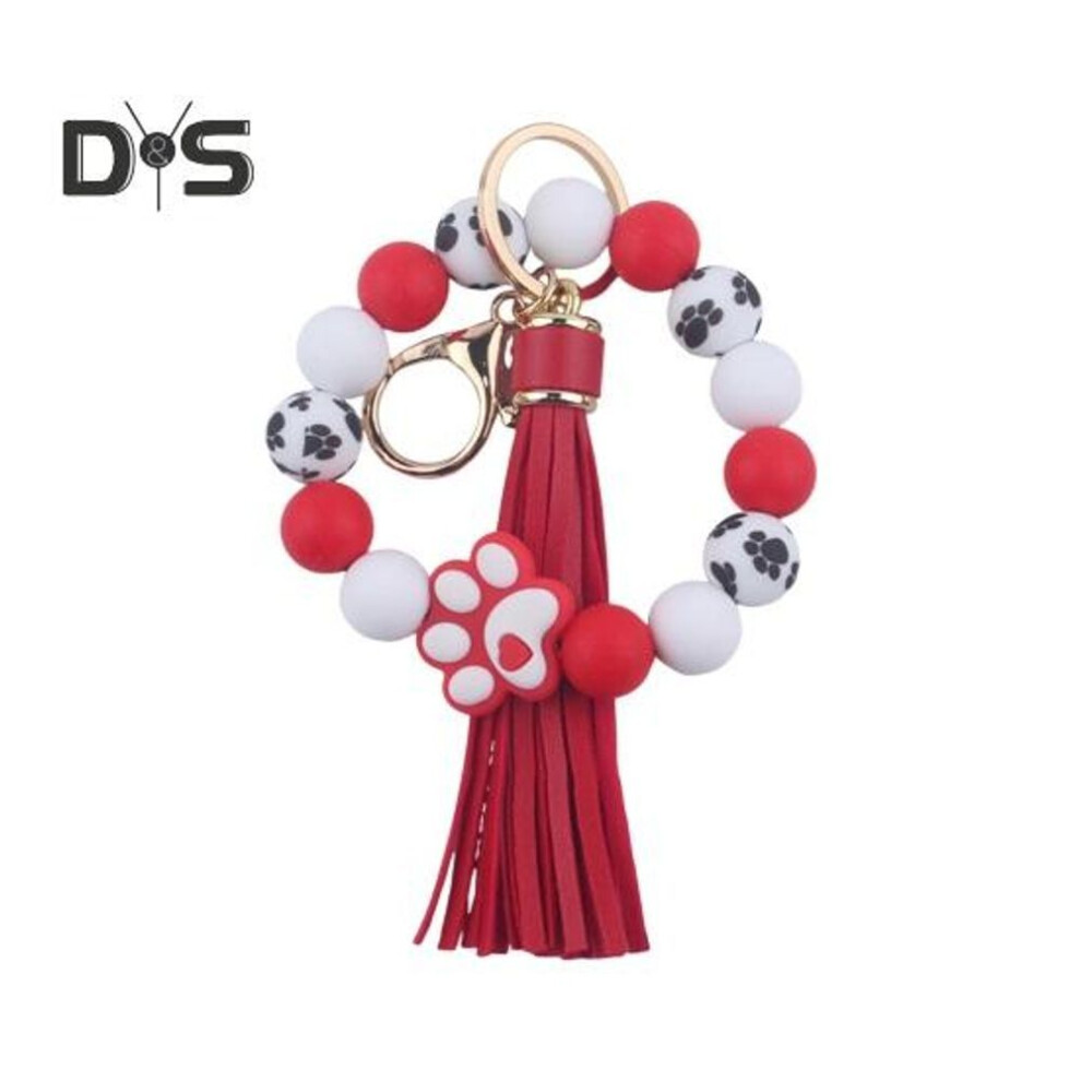 (Other) Silicone Beaded Bracelet Keychain Dog Paw Pattern Wrist Keychain With Faux Leather Tassel Charm Keychain