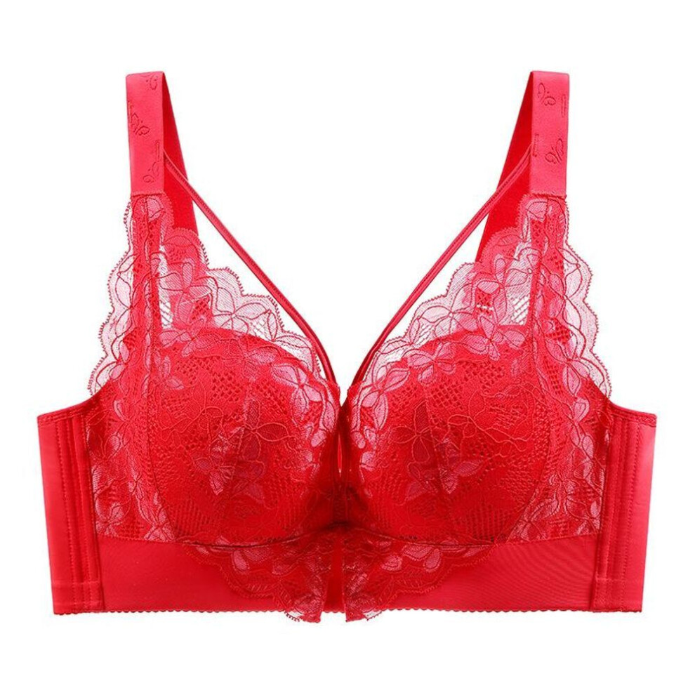 (red, 40/90) New Large Size Thin Full Cup Underwear Women's No Steel Ring Gathered Adjustable Bra Sexy Lace Collection Bra